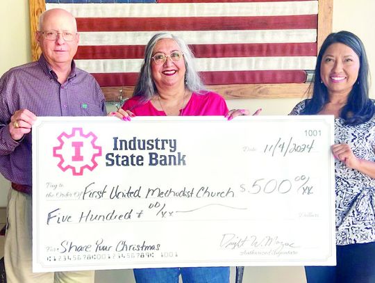 INDUSTRY STATE BANK DONATES TO FOOD PANTRY, FIRST METHODIST