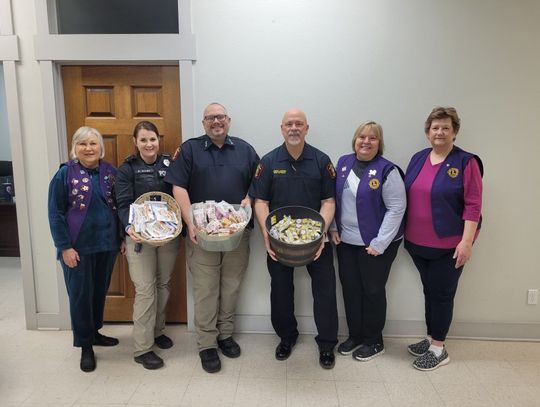 The Weimar Encore Lions presented snacks to the city Police Department in gratitude and appreciation for their commitment to our community. Shown presenting snacks are Lions Mary Ann Brenner, Cathy Pittman and Carol Scharnberg with Office Robin Allen, Sgt Josh Jones and Chief Mark Jameson.