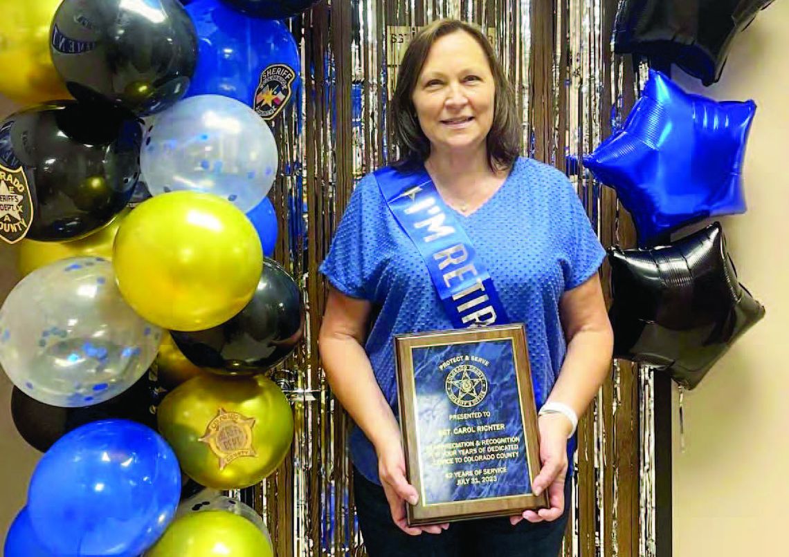 Retiring Colorado County Sheriff’s Office sergeant Carol Richter received honors for 42 years of service.