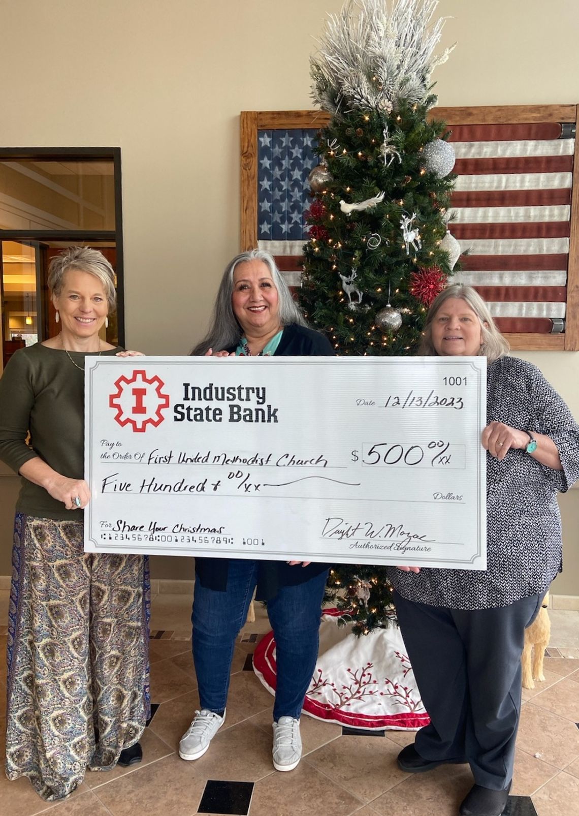INDUSTRY STATE BANK DONATES TO FIRST UNITED METHODIST CHURCH