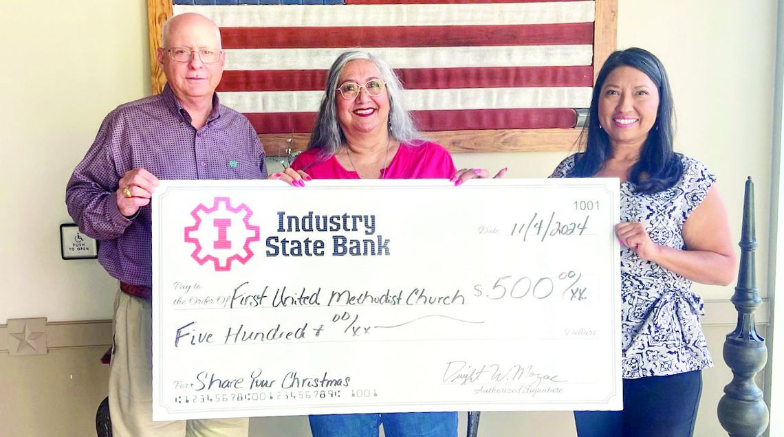 INDUSTRY STATE BANK DONATES TO FOOD PANTRY, FIRST METHODIST