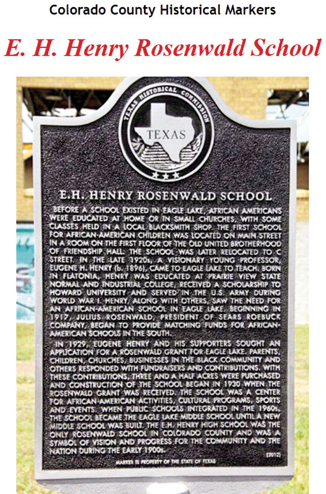 Recognizing the E.H. Henry Rosenwald School of Eagle Lake