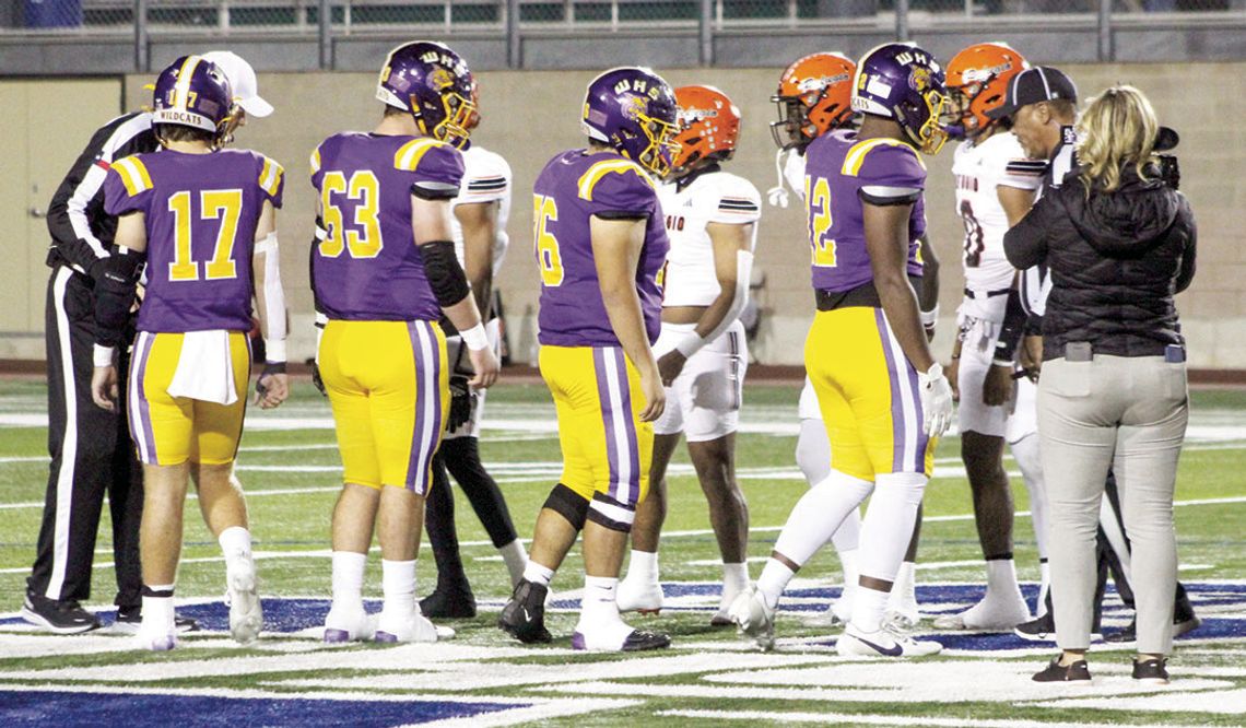 Coin toss to get this Weimar Wildcats vs Refugio Bobcats. From left, seniors no. 17 Wyatt Lacina, no. 63 Weston Pavlik, no. 76 Emmanuel Gaytan, no. 12 Dreylon McMillian. Citizen | Colleen Garcia