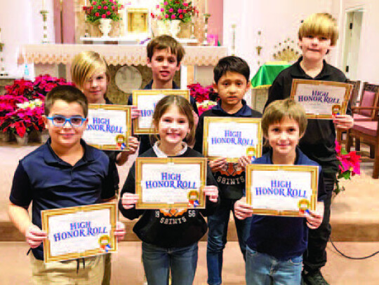 Third grade high honors: (front row) Hudson Henneke, Maddie Wright, Clark Smith, (back row) Eli Walla, Hayes Kridel, Abraham Rangel and Michael Smith