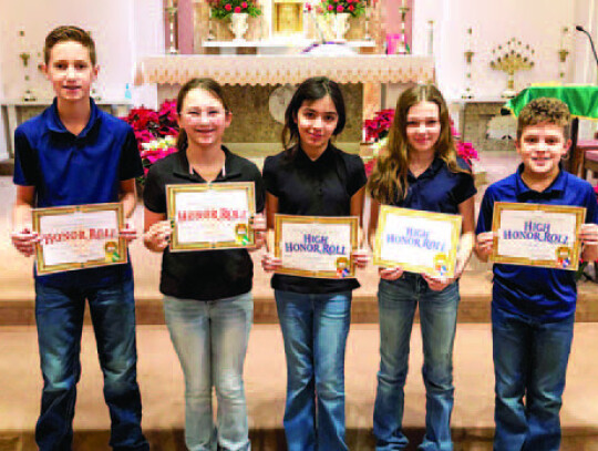 Sixth grade honors and high honors: Teddy Barten (H), McKinley Wright (H), Sofia Espinosa (HH), Hannah Glueck (HH), Jacob Muzny (HH). Not pictured: Joshua Newman (H) and Parker Pilat (H)