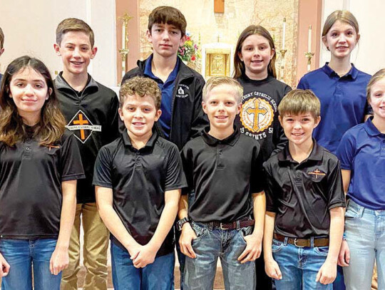 St. Anthony took part in the Sacred Heart Academic Fair in Hallettsville on Feb. 9. Winners from left, front row: Joshua Newman, Sofia Espinosa, Jacob Muzny, Kaden Glueck, Mitchell Smith, Abigail Wolters and Allie Cranek. Back row: John Foster, Deacon Bar