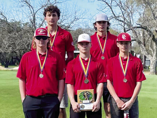 The Cards’ golf team took first place overall at the Weimar golf meet. Pictured from left to right in the front are Will Wilburn, Kaldon Roensch, Parker Meyer with Adam Schobel and Cullen Loessin in the back. Courtesy photos