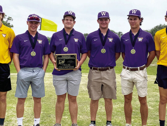 The first-place Wildcat golfers from left to right are Huxton Kloesel, Brady Henke, Hudson Ervin, Weston Pavlik, Dillon Stech, and Camden Morrison.