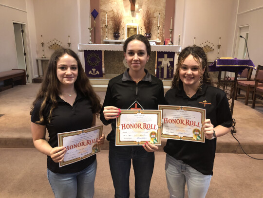 Eighth grade Honors and High Honors: Aubrey Muzny (H), Madisan Glueck (H) and Allie Cranek (H). Not pictured: Colby Mathis (H) and Sidney Newman (HH). 