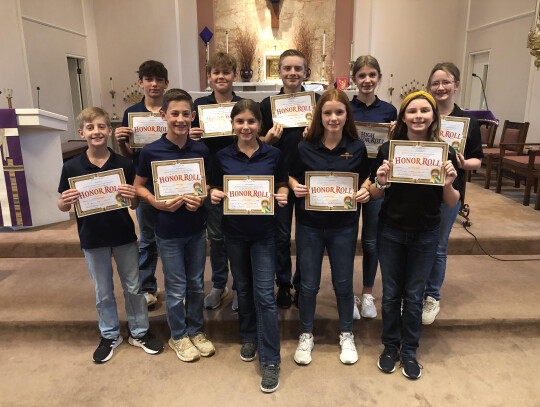 Seventh grade Honors and High Honors: (front row) Ryan Heffley (H), Deacon Barten (H), Emma Beauchamp (H), Tristyn Radley (H), Charly Spanihel (H), (back row) Aiden Glueck (H), Tyler Wakins (H), Wyatt Kramr (H), Logan Glueck (HH) and Isabelle Halcom (H).  