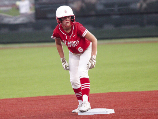 Karlee Mathis stands in potential scoring position at second base.
