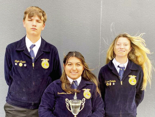 The State-winning Senior FFA Quiz Team, Logan Kainer, Kassandra Rubio, Katharina Chaloupka (missing Gracie Ribeiro).