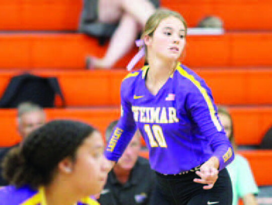 Delaney Turlington focuses on the ball on Weimar’s side with Madison Luckey in the foreground.