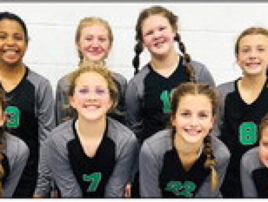 The 2023 volleyball team at St. Michael Catholic School in Weimar includes (front row, left) eighth grader Kendall Jahn, sixth grader Olivia Elstner, seventh grader Sarah Jane Berger and sixth grader Macie Davis; and (back row, left) seventh graders Malla