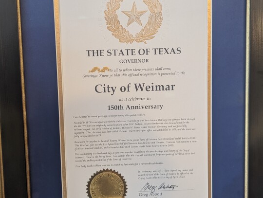 Gov. Greg Abbott sent his congratulations in the form of a resolution recognizing Weimar for its historical milestone anniversary. Citizen | Trenton Whiting