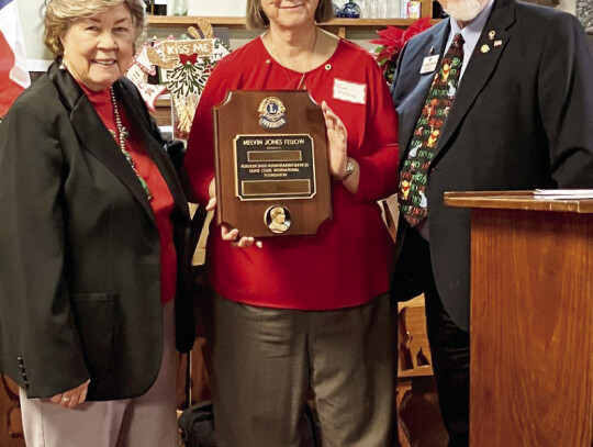 The Weimar Encore Lions’ President Pam Ingersoll (left) and PDG Charles Villanueva presented Sue Mullens (middle) with the Prestigious Melvin Jones Award at the annual Christmas dinner for her prior service as Lion leadership.