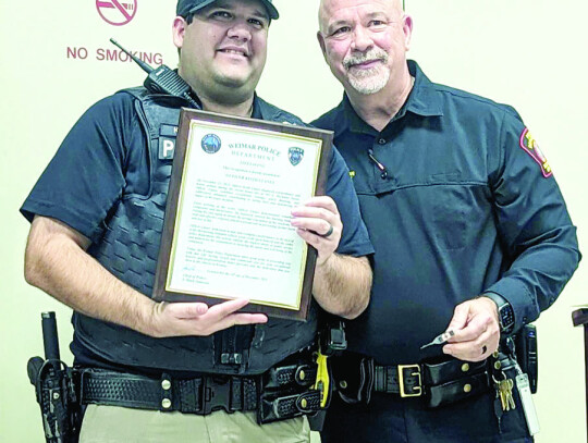 Officer Keith Llanes was recognized by Weimar PD Chief Mark Jameson. Courtesy photo