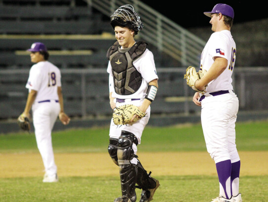 Westin Pavlik (right) and Wyatt Lacina sharing a laugh after a mound visit.