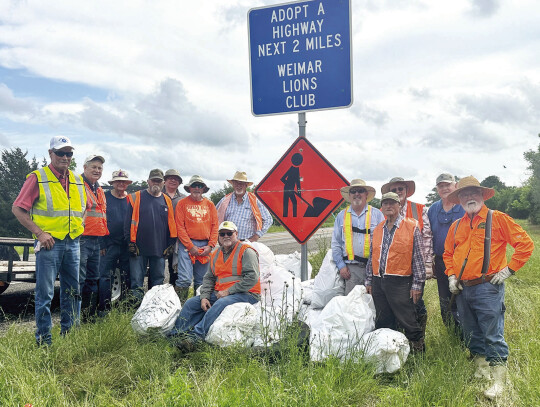 The Weimar Lions held their own Trash Day clean up on a section of US 90. Pictured from left are Julius Bartek, Allan Bellamy, Rob Darville, Al Gilbertson, Jack Scharnberg, Greh Howlett, Bear Kana, Michael Blackburn, Mark Dannemiller, Reuben Otto, Rueben 